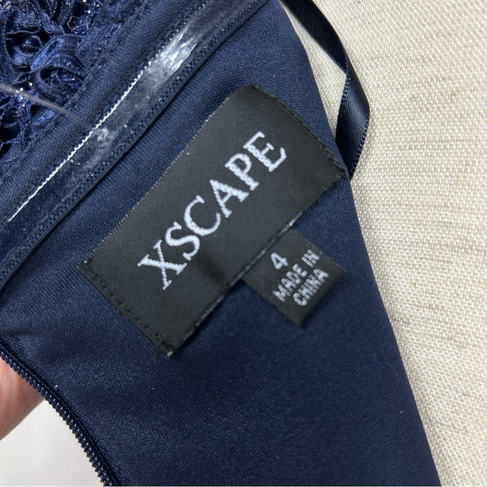 Xscape Navy Blue Rosette Sequin Lace Mermaid Off Shoulder Prom Gown Size 4 - Picture 9 of 10